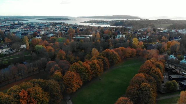 woods at fall in Vigeland Park during golden hour in Oslo, Norway, aerial view