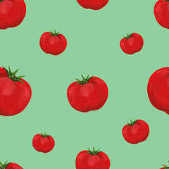Whole realistic hand-drawn tomato in profile on a light green background - square seamless print. Raster illustration with gouache paints of a red ripe tomato with a tail