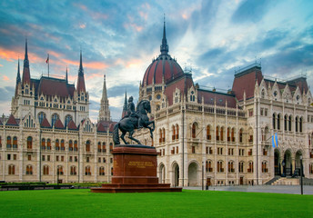 Famous Parliament Building and equestrian statue of Ferenc Rakoczi II on Kossuth Square, Budapest, Hungary