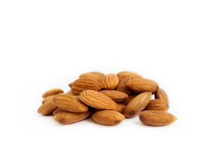 Group of almonds on a white background.