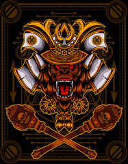Vector illustration gorilla head angry face with samurai helmet on black background. © Bayu