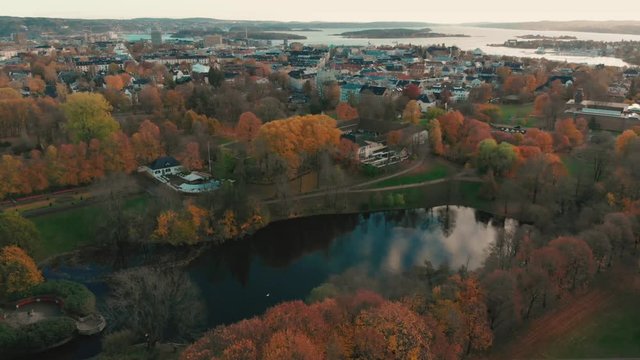 wonderful view over vigeland park during golden hour in fall, Oslo, Norway