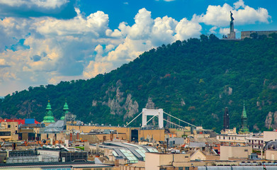 Panoramic aerial view of Budapest city and Gellert hill at daylight, Hungary
