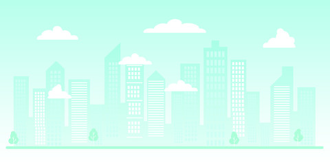 Obraz premium City silhouette or urban background. A modern city with skyscrapers and high-rise buildings, clouds, windows, light blue colors. Vector illustration in flat style.