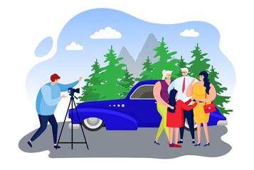 Family make outdoor photo, professional photographer take shot amicable family, nation park background, isolated on white, flat vector illustration. Luxury car, father and mother hug daughter.