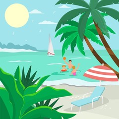 Fototapeta na wymiar Family sea beach vacation, amicable character father mother and child play ball ocean flat vector illustration. Tropical rest sandy seaside, people relaxation. Hot country, sailboat background.