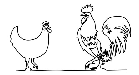 chicken and rooster animal husbandry one line illustration