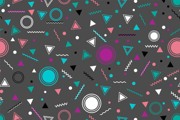 Memphis style seamless pattern with geometric shapes and patterns. Vector.
