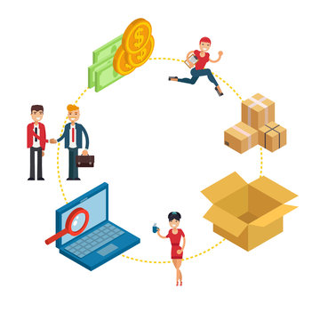 From order to delivery concept icon isolated on white, 3d isometric vector illustration. Mail express supply, character male business deal cash stack and gold coin, courier run carry package.