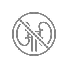 Forbidden sign with a kidneys line icon. Amputation internal organ, no kidneys, transplant rejection symbol