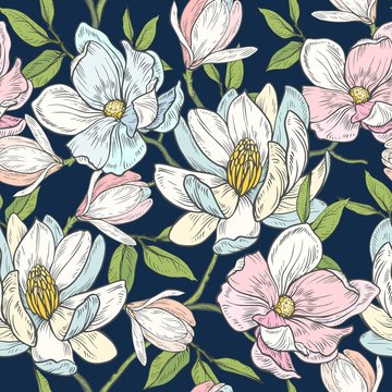 Seamless floral pattern with magnolias on a blue background. Vector illustration.
