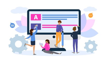 Online learning language tiny character people stand monitor concept flat vector illustration. Remote training speech design web page. Concept modern teaching male female student gain knowledge.