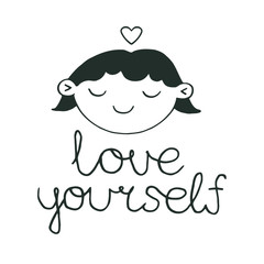 Doodle girl with heart symbol and motivational lettering. Cartoon character design.