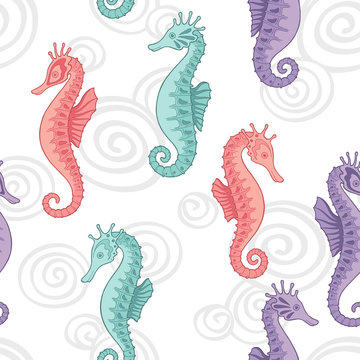 Sea horse color seamless pattern sketch background illustration vector
