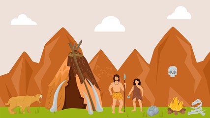 Ancient character male female hunting prehistoric tiger flat vector illustration. Tribe on hunt wildlife nature hunter skin predator, past ages time. Man spear defence primitive tent.