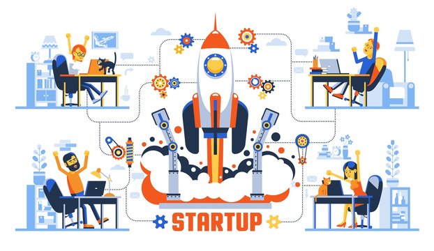 Startup rocket launch creative concept. Working remotely developers team rejoicing at the success. Vector illustration.
