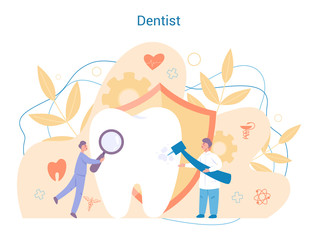 Group of dentist treat big tooth. Medical treatment concept.
