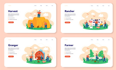 Farm, farmer web banner or landing page set. Farmers working on the