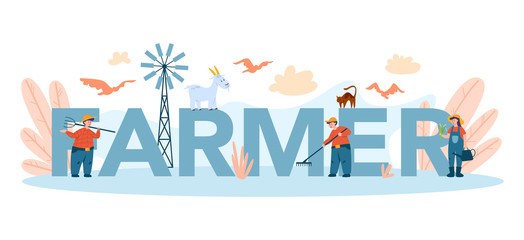 Farm, farmer typographic header concept. Farmers working on the