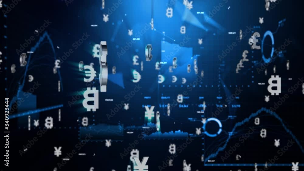 Poster 3d rendering of world currency floating, on the dark background, with stock graph and business eleme