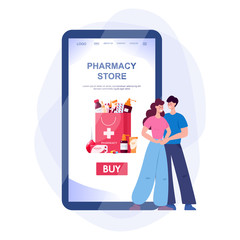 Online pharmacy web banner on phone screen. Medicine