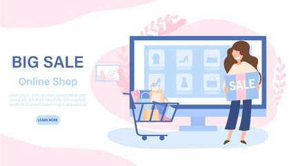 Big Sale concept with woman shopper and a trolley full of bags and merchandise in front of a shop window selling fashion accessories, vector illustration