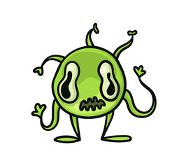 Green germ, virus, bacterium funny monster, cartoon character. Flat vector illustration, isolated on white background.