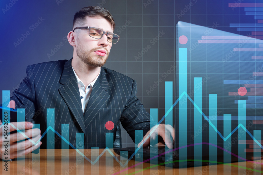 Aufkleber young scientist on the background of graphs. dynamics of economic indicators. statistics. exchange t