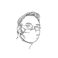 Man wearing medical face mask and eyeglasses, Hand drawn linear portrait, Vector sketch