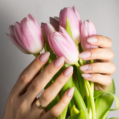Nail Polish.  Modern style pink Nail Polish.Stylish pastel Color white milk Nails hold. Classic...