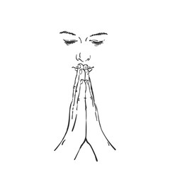Sketch of isolated face of woman praying with hands folded in worship, eyes closed in hope, Hand drawn vector linear illustration