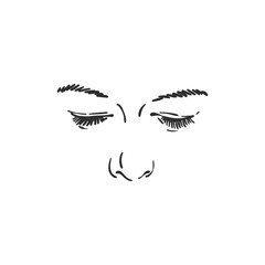 Face features of young woman - closed eyes and nose, Vector sketch isolated on white, Hand drawn linear illustration