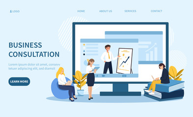 Online business consultation concept with three business colleagues in front of a computer screen with man giving a presentation and room for text with web button, vector illustration