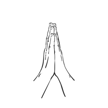 Hand drawn hands in praying position. Isolated vector illustration linear sketch