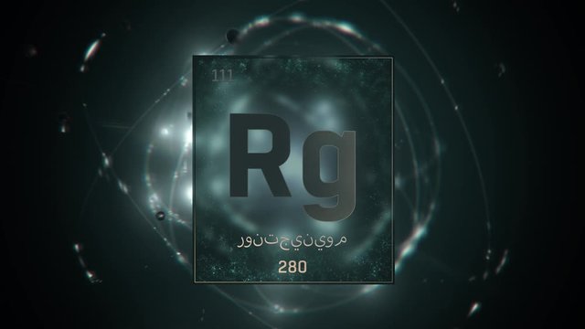 Roentgenium as Element 111 of the Periodic Table. Seamlessly looping 3D animation on green illuminated atom design background orbiting electrons name, atomic weight element number in Arabic language