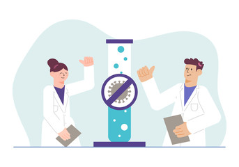 Scientist Team Discovers Virus Antidote Vaccine Concept. Laboratory Research in Flat Design Style Vector Illustration