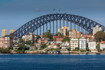 Sydney, Australia - 10th February 2020: A German photographer visiting Sydney in Australia, taking pictures of the skyline with the Harbour Bridge during a cloudy but warm day in summer.
