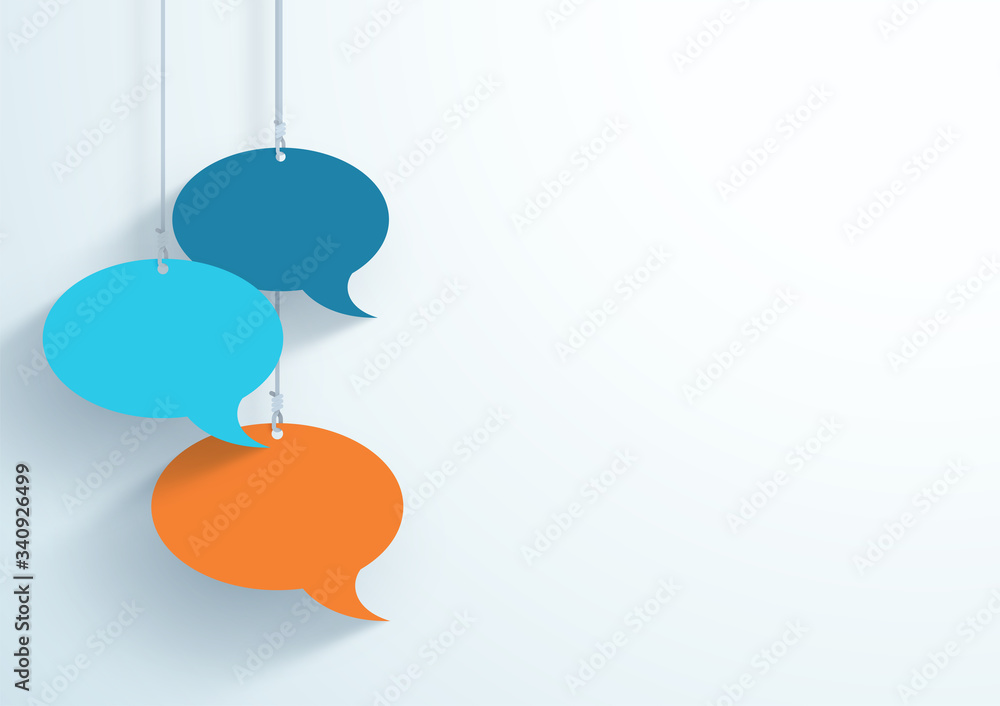 Poster speech bubbles hanging on strings flat color vector