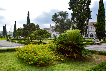 Lisbon, Portugal - Garden with low palm trees, bushes with yellow flowers near the Monastery of the Hieronymites (Mosteiro dos Jerónimos), green grass and trees in the park.