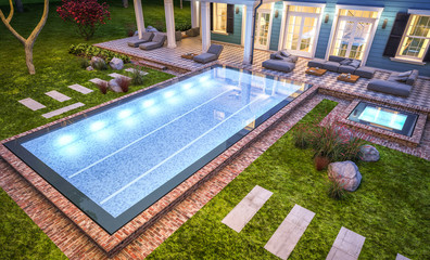 3d rendering of modern cozy classic house in colonial style with garage and pool for sale or rent with beautiful landscaping on background. Clear summer night with many stars on the sky.