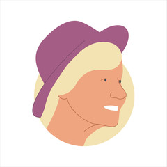 Vector illustration of a portrait of a happy smiling attractive blonde woman wearing a hat. It represents a concept of beauty, joy and happiness. Also can be used as an avatar, icon or badge