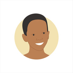 Fototapeta premium Vector illustration of a portrait of a dark skinned happy smiling young boy. It represents a concept of childhood, joy and happiness. Also can be used as an avatar, icon or badge