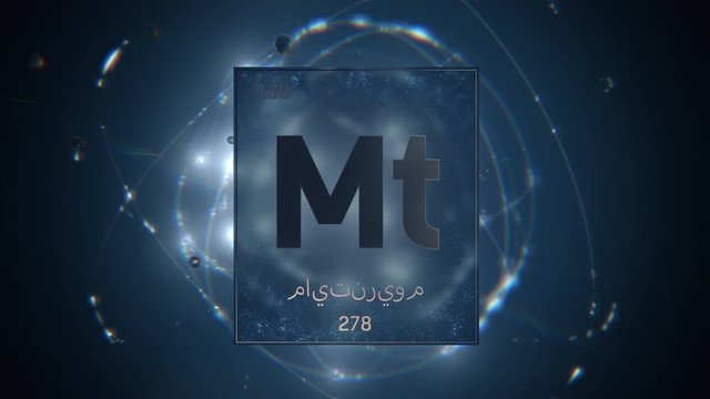 Meitnerium as Element 109 of the Periodic Table. Seamlessly looping 3D animation on blue illuminated atom design background orbiting electrons name, atomic weight element number in Arabic language