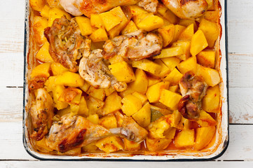 Baked potato with chicken cooked in an electric oven. Background for cooking.