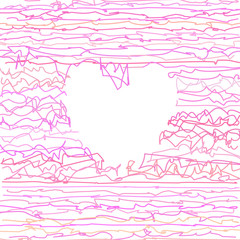 Background with heart made of crumpled lines of random pink colors. Abstract striped vector illustration