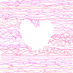 Background with heart made of crumpled lines of random pink colors. Abstract striped vector illustration