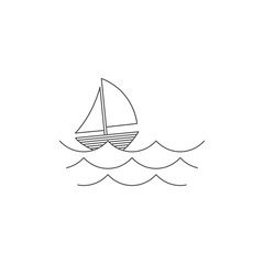 Yacht in ocean, Line drawing. Black white vector minimalist design