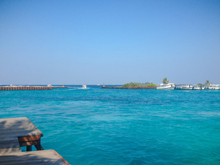 Male, Maldives ? February 10, 2017: Terminal of Male airport (MLE) in the Maldives. View from the pier to the beautiful sea.