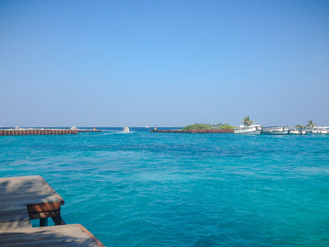 Male, Maldives ? February 10, 2017: Terminal of Male airport (MLE) in the Maldives. View from the pier to the beautiful sea.