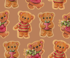 Seamless pattern with funny cartoon bears
